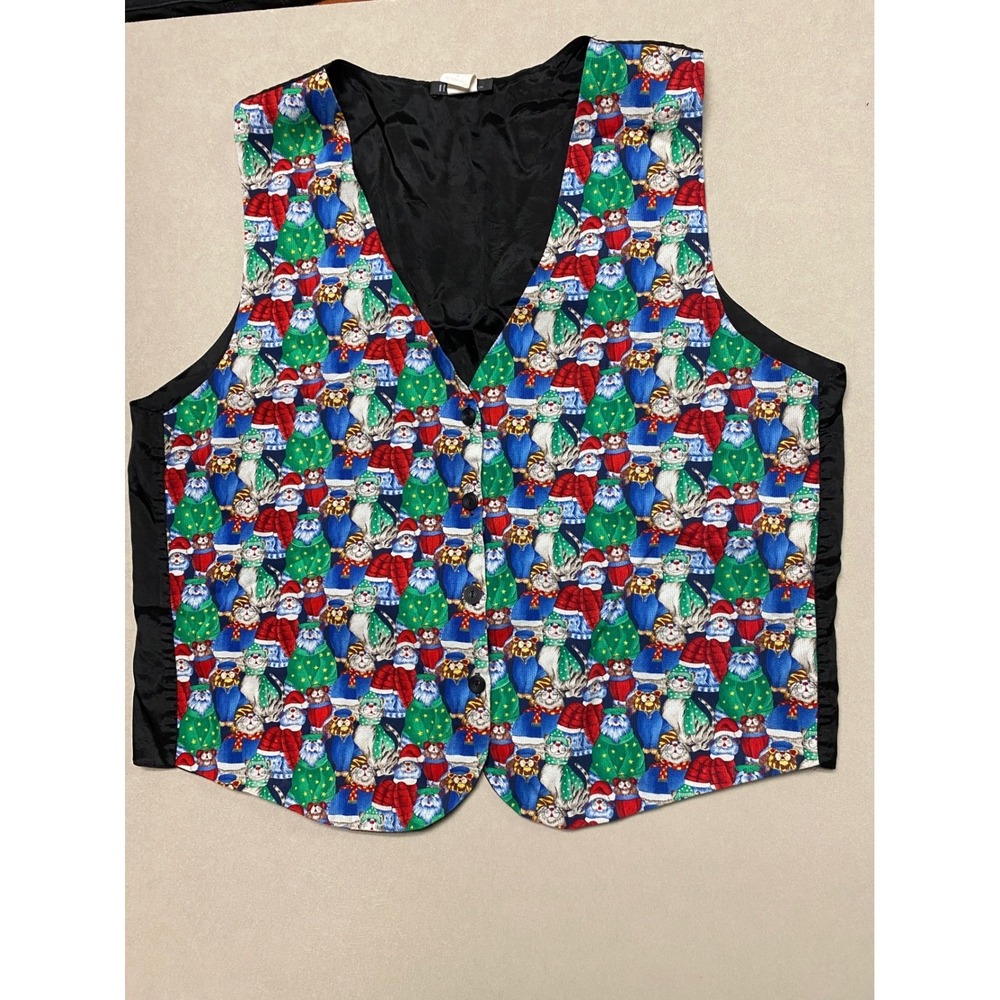 111 Main Mens Christmas Vest 2X Multicolor Cat Santa Holiday Novelty Vest